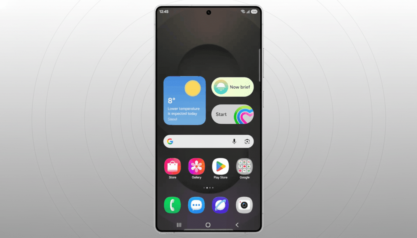 Samsung Galaxy phone running One UI 8.5 beta, home screen and settings shown