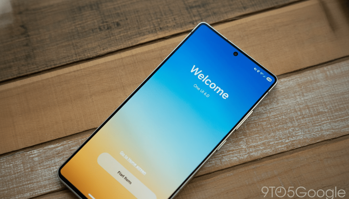 A smartphone displaying a Welcome screen with One UI 6.0 text, set against a wooden background.