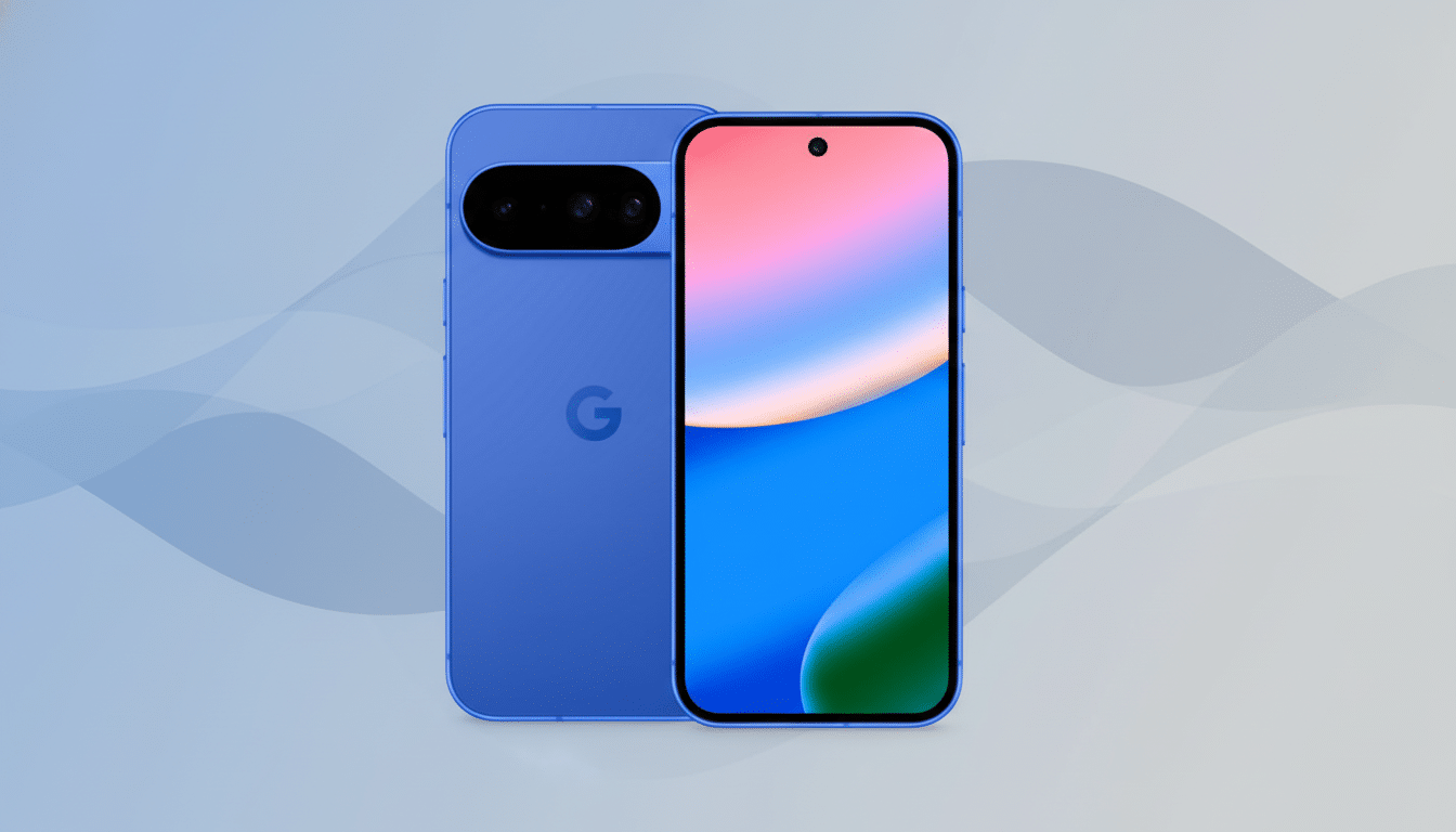 A blue Google Pixel smartphone, shown from the front and back, against a professional flat design background with soft patterns.