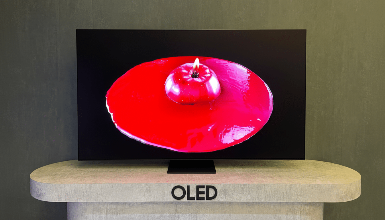 A black OLED television displaying a vibrant red image of a candle in the shape of an apple, sitting on a light-colored stand with OLED written on it, against a textured dark green wall.