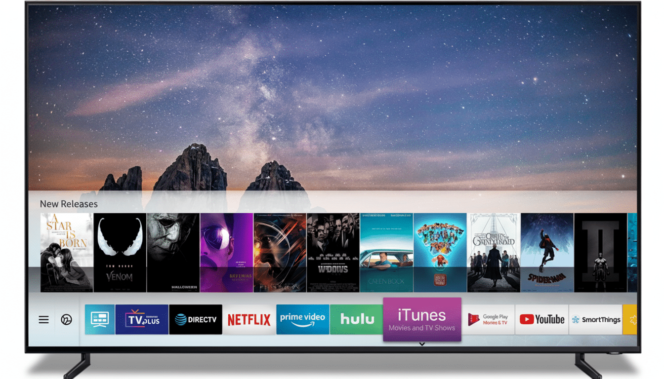 A smart TV displaying a menu of new release movies and streaming apps.