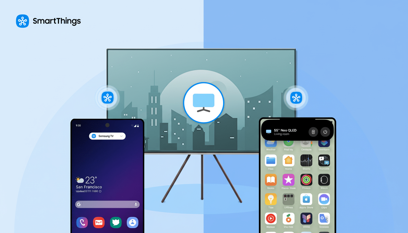 A professional image showcasing the SmartThings logo and two smartphones interacting with a Samsung TV, all set against a clean, light blue background with a subtle city silhouette.