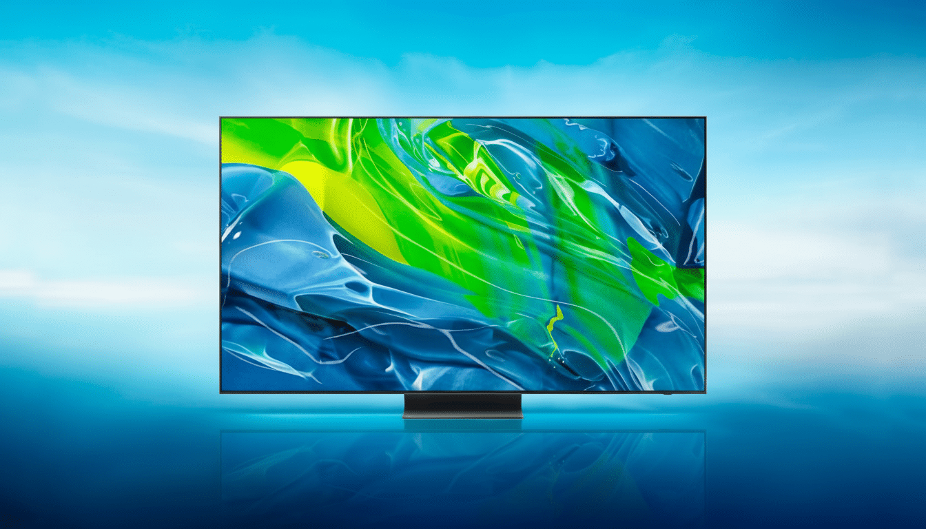 A sleek, modern television displaying a vibrant abstract image in shades of blue and green, set against a professional blue background with a subtle gradient.