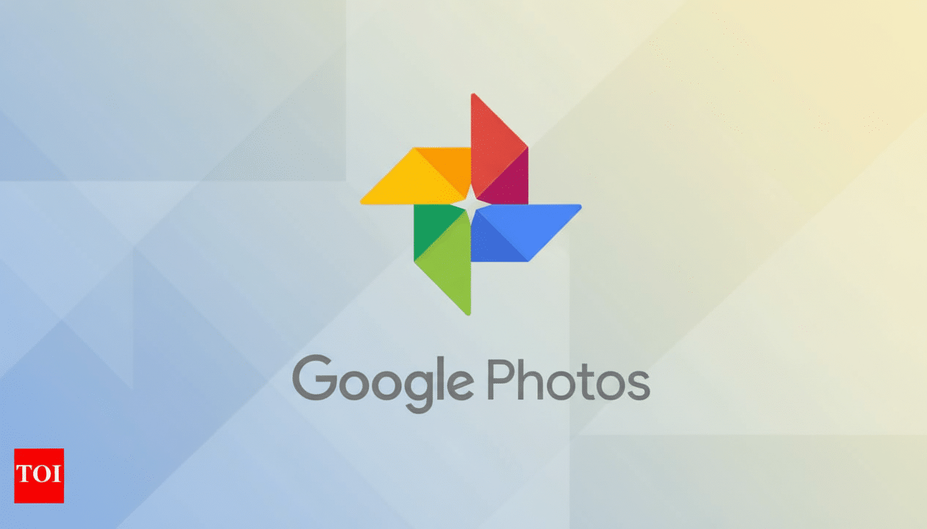 The Google Photos logo and text on a professional flat design background with soft patterns and a gradient from light blue to light yellow.