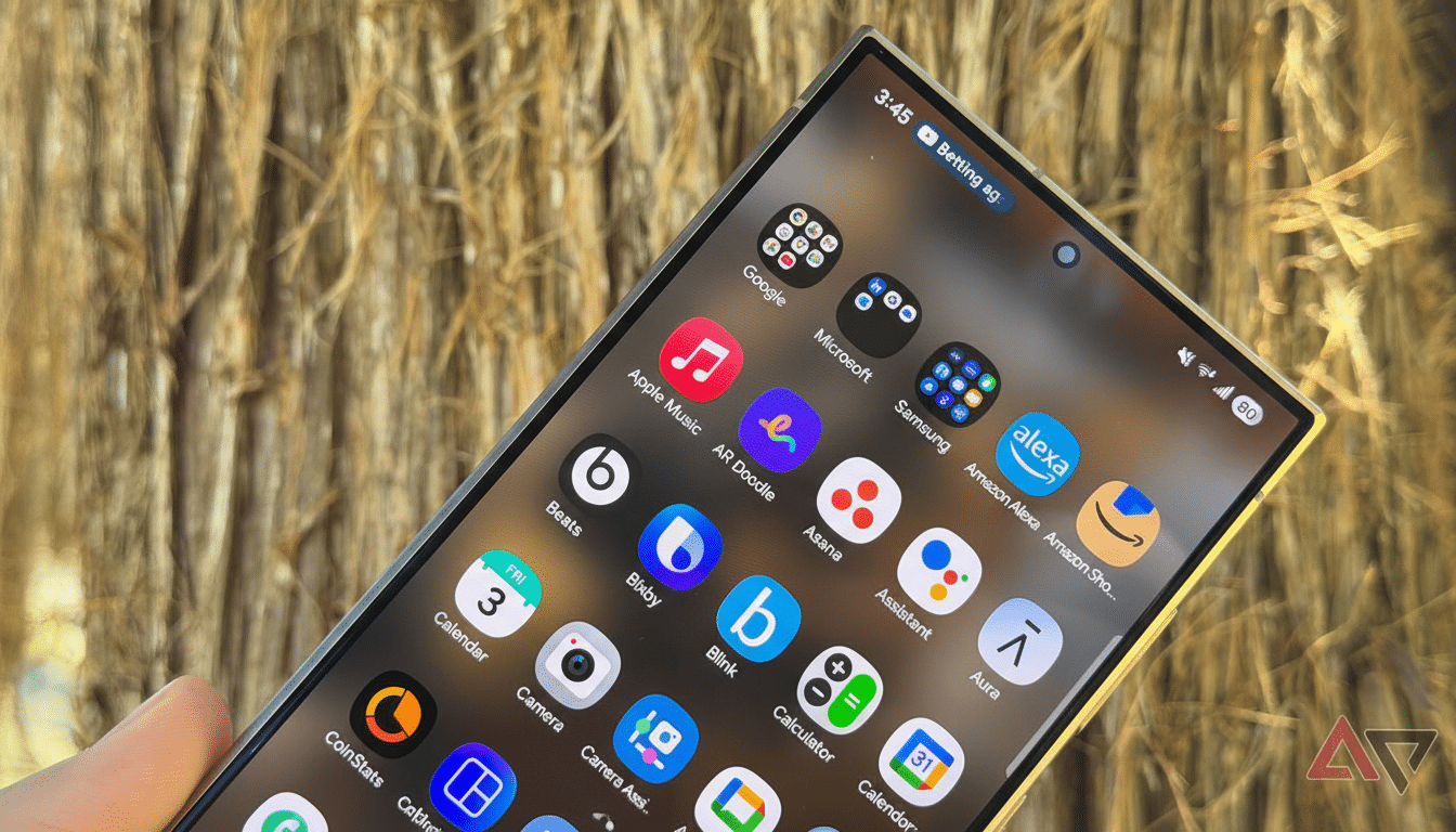 A close-up, professionally enhanced image of a smartphone screen displaying various app icons, resized to a 16:9 aspect ratio. The original background of dried brush is maintained.