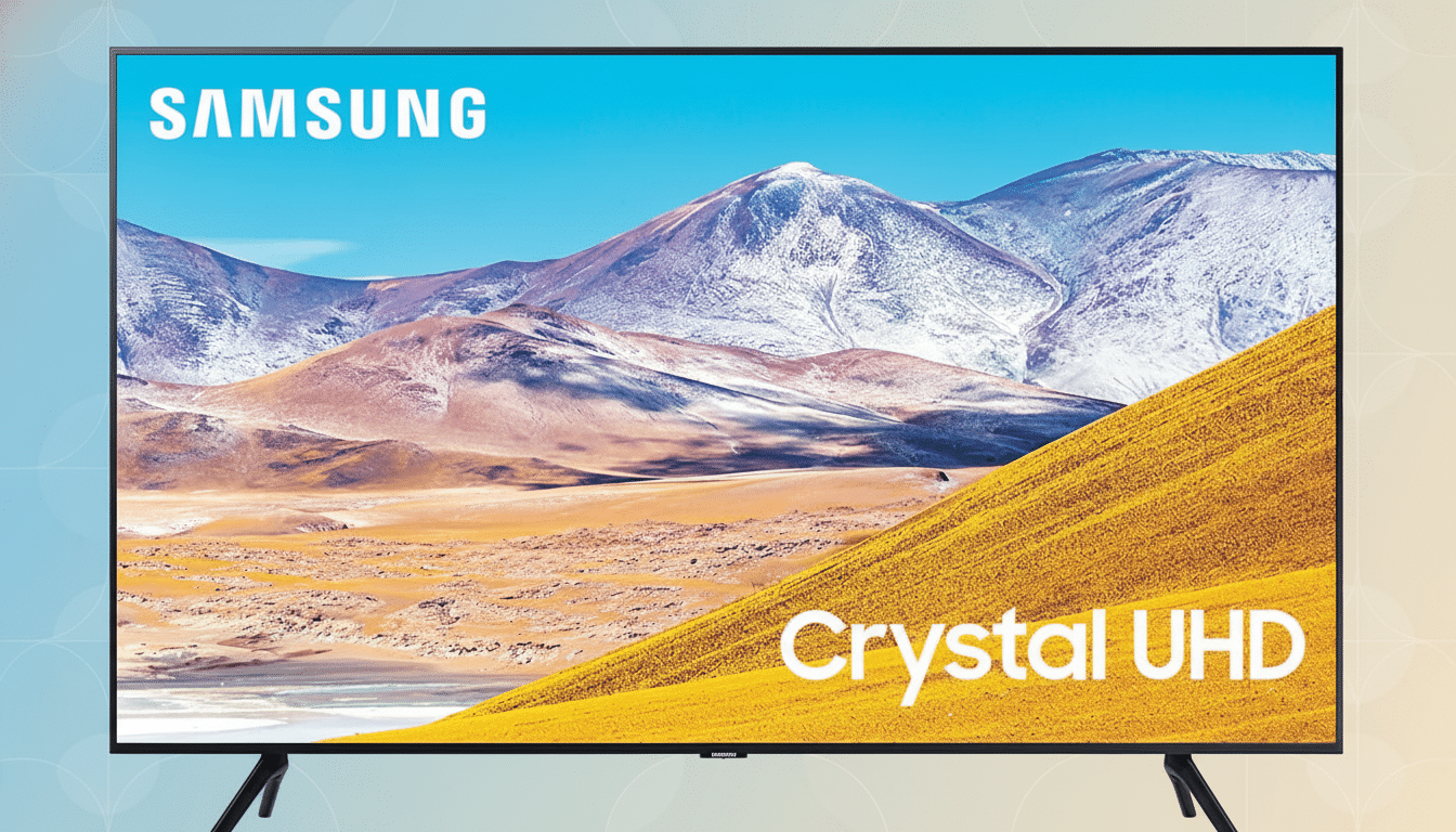 A Samsung Crystal UHD television displayed against a professional flat design background with soft blue and orange gradients and subtle patterns.