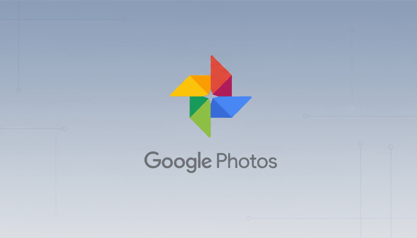 The Google Photos logo and text on a professional flat design background with soft patterns and gradients, resized to a 16:9 aspect ratio.