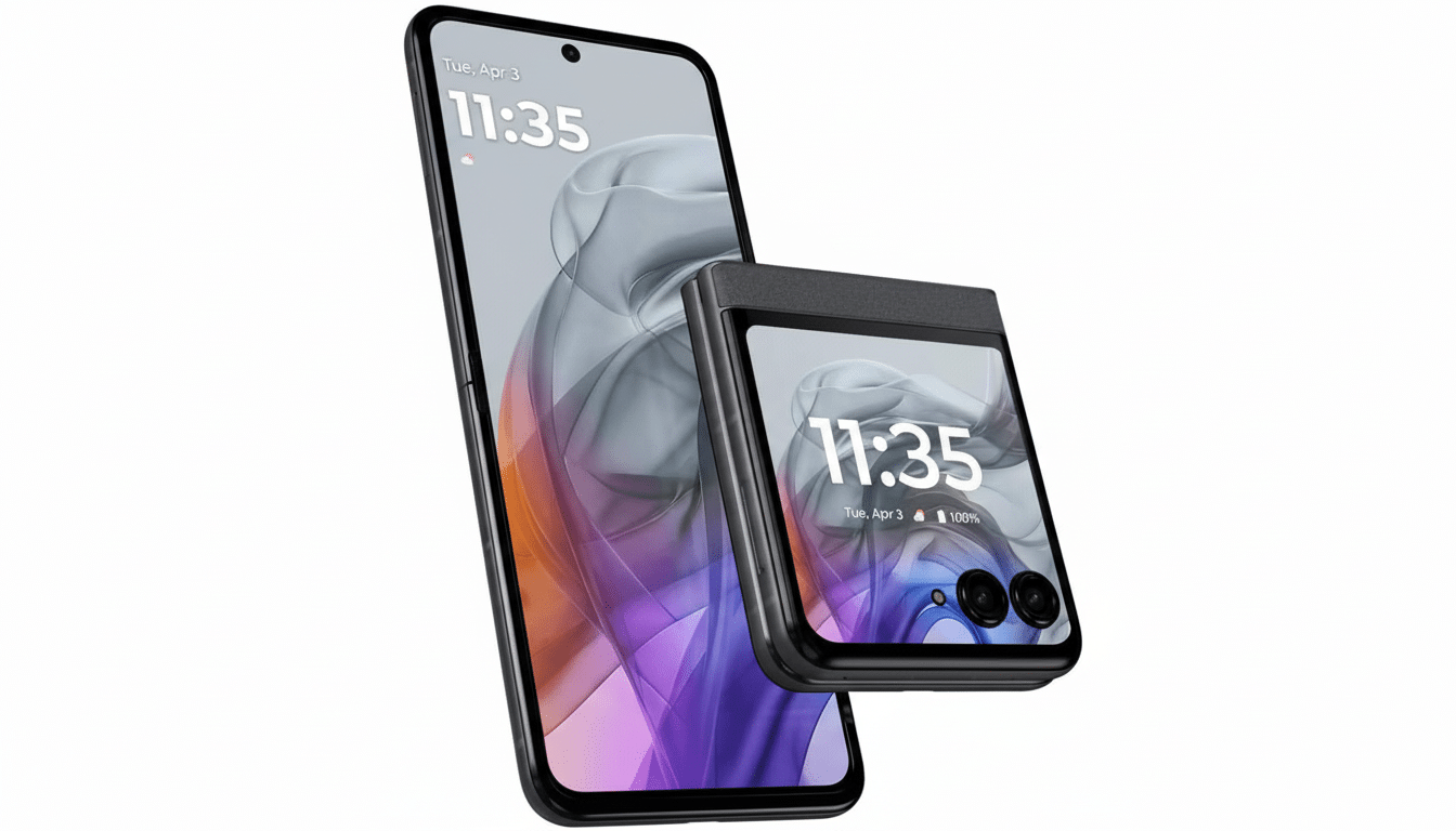 A black smartphone with a large screen displaying 11:35 Tue, Apr 3 and a colorful abstract wallpaper, positioned upright next to a smaller, folded black flip phone also displaying 11:35 Tue, Apr 3 and the same wallpaper, with its camera lenses visible. Both devices are set against a clean white background.