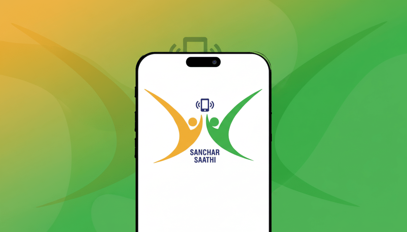 A smartphone displaying the Sanchar Saathi logo, which features two stylized figures in orange and green reaching towards a mobile phone icon, set against a gradient background of orange and green with subtle patterns.
