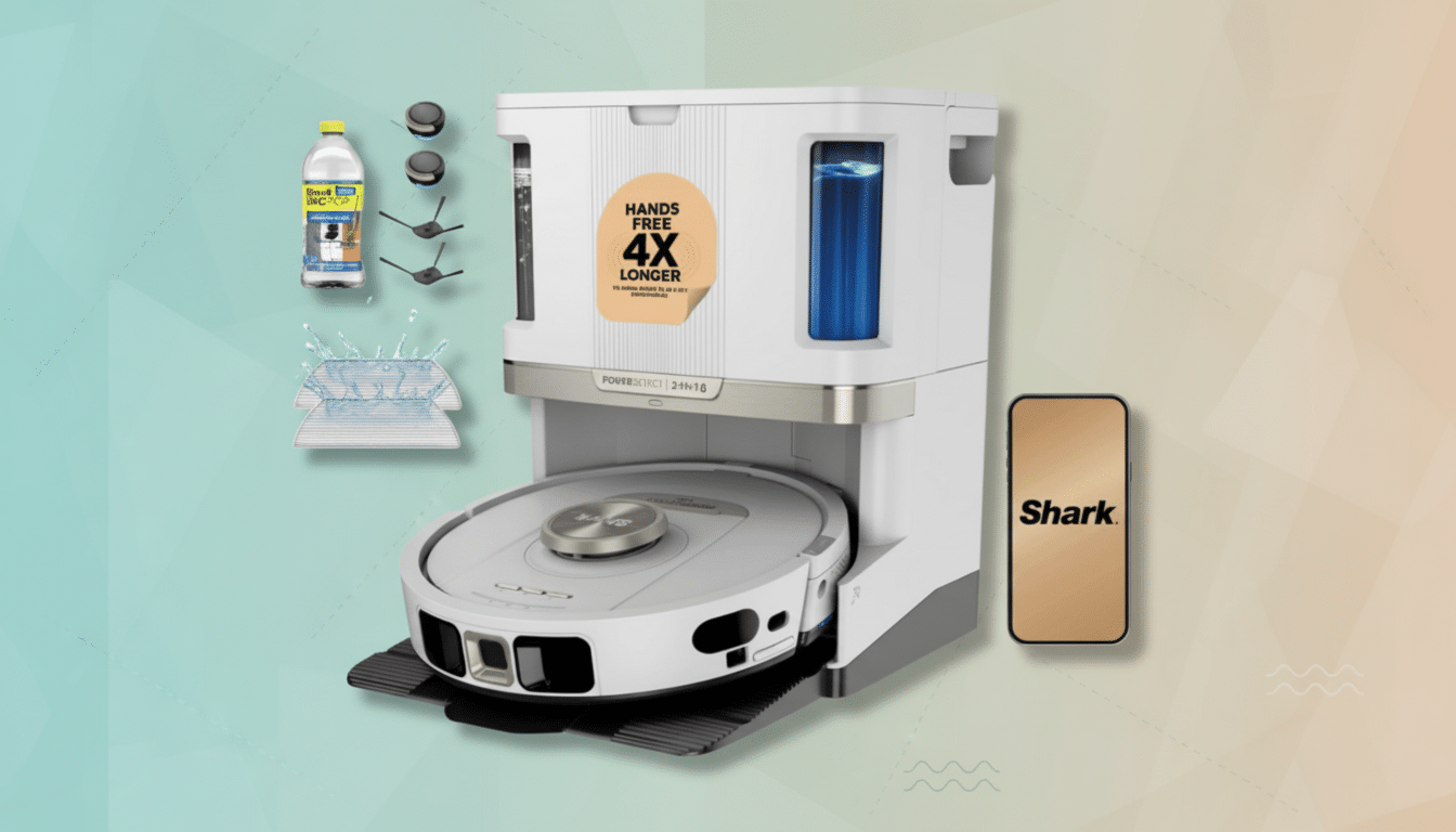 A Shark robot vacuum and its cleaning station, along with accessories and a cleaning solution bottle, presented on a professional flat design background with soft patterns and gradients.