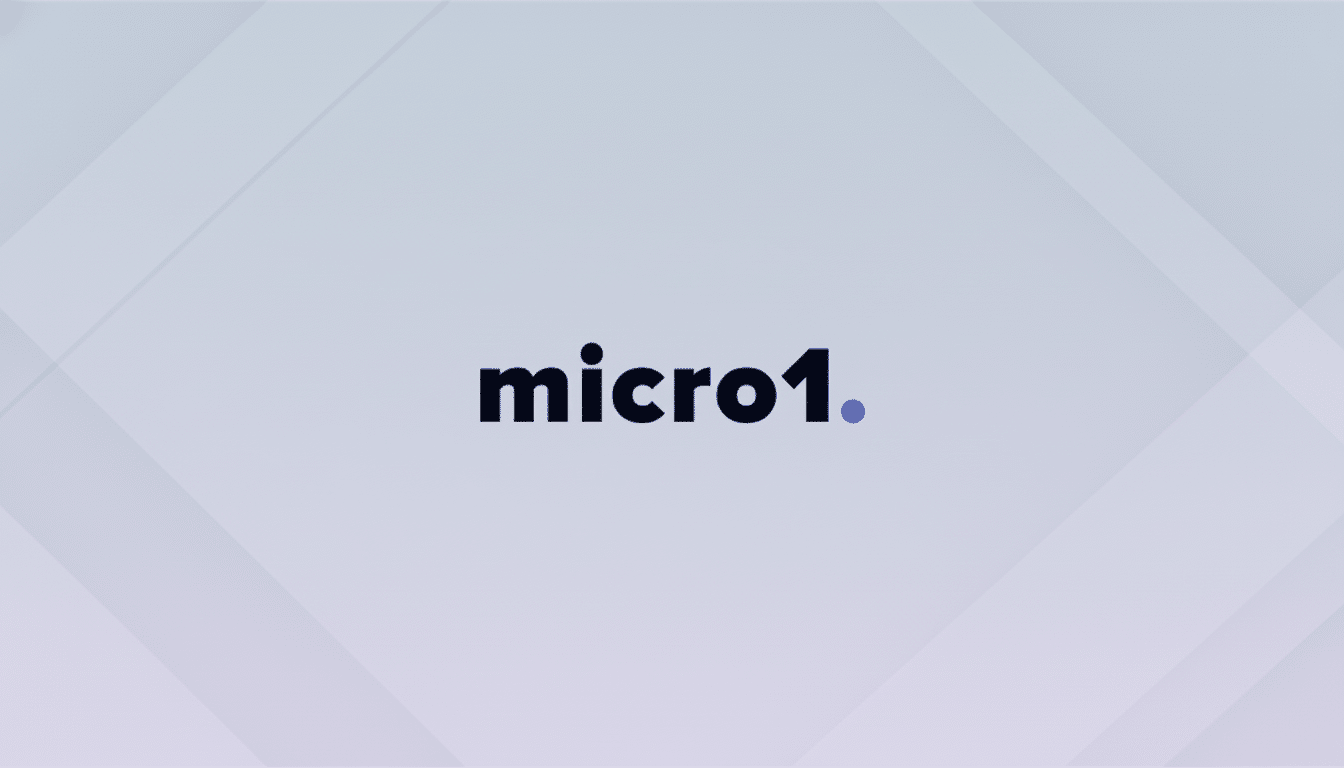 The Micro1 logo, featuring micro1 in dark text with a blue dot, centered on a light gray background with subtle geometric patterns.