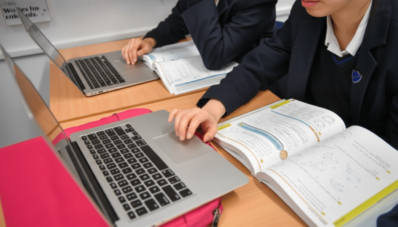 Two students in school uniforms are seated at desks, each with an open laptop and an open textbook. The student in the foreground is interacting with their laptops trackpad while looking at their textbook.