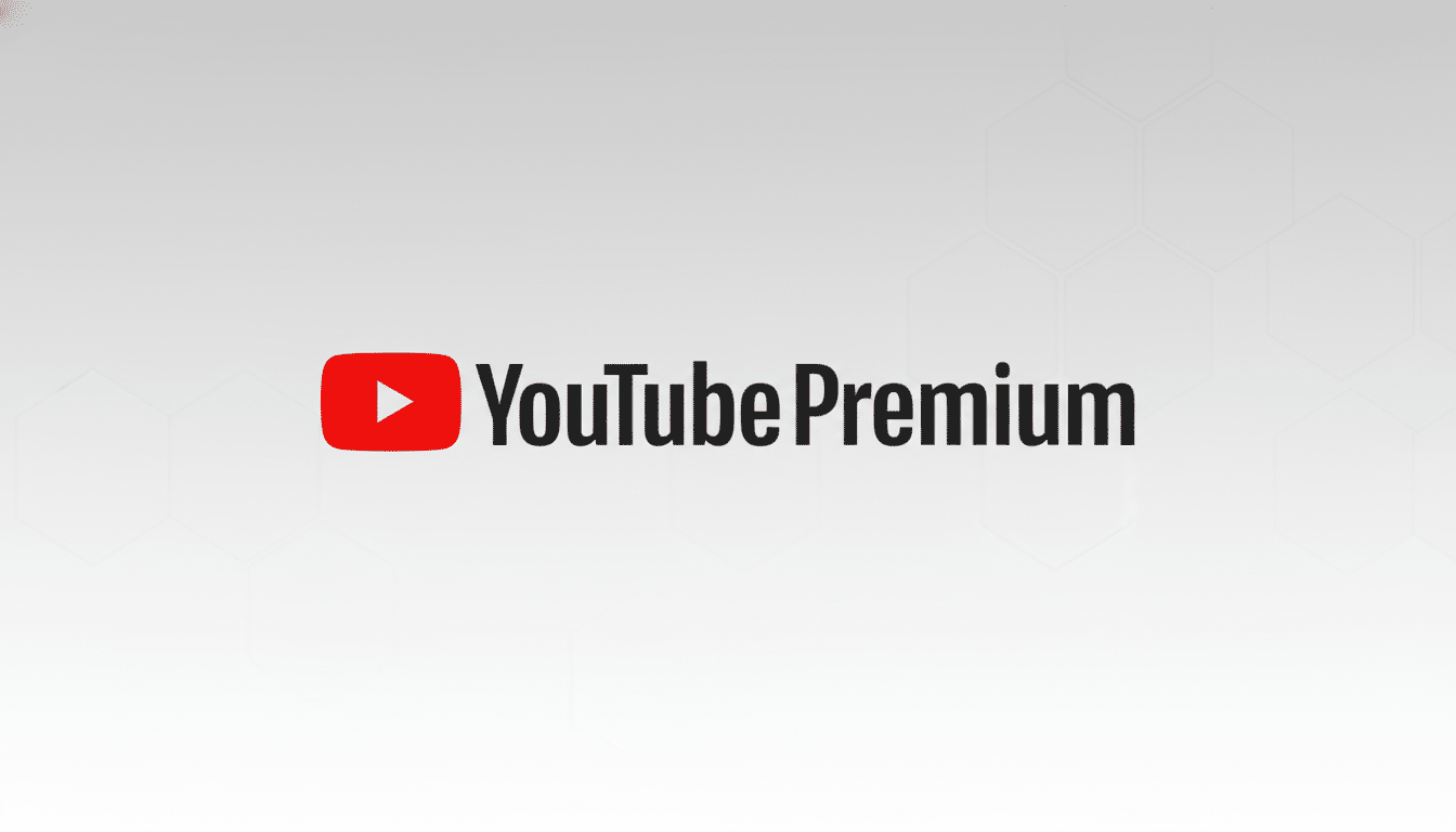 The YouTube Premium logo, featuring the red YouTube play button icon followed by the words YouTube Premium in black text, centered on a professional light gray background with subtle hexagonal patterns.