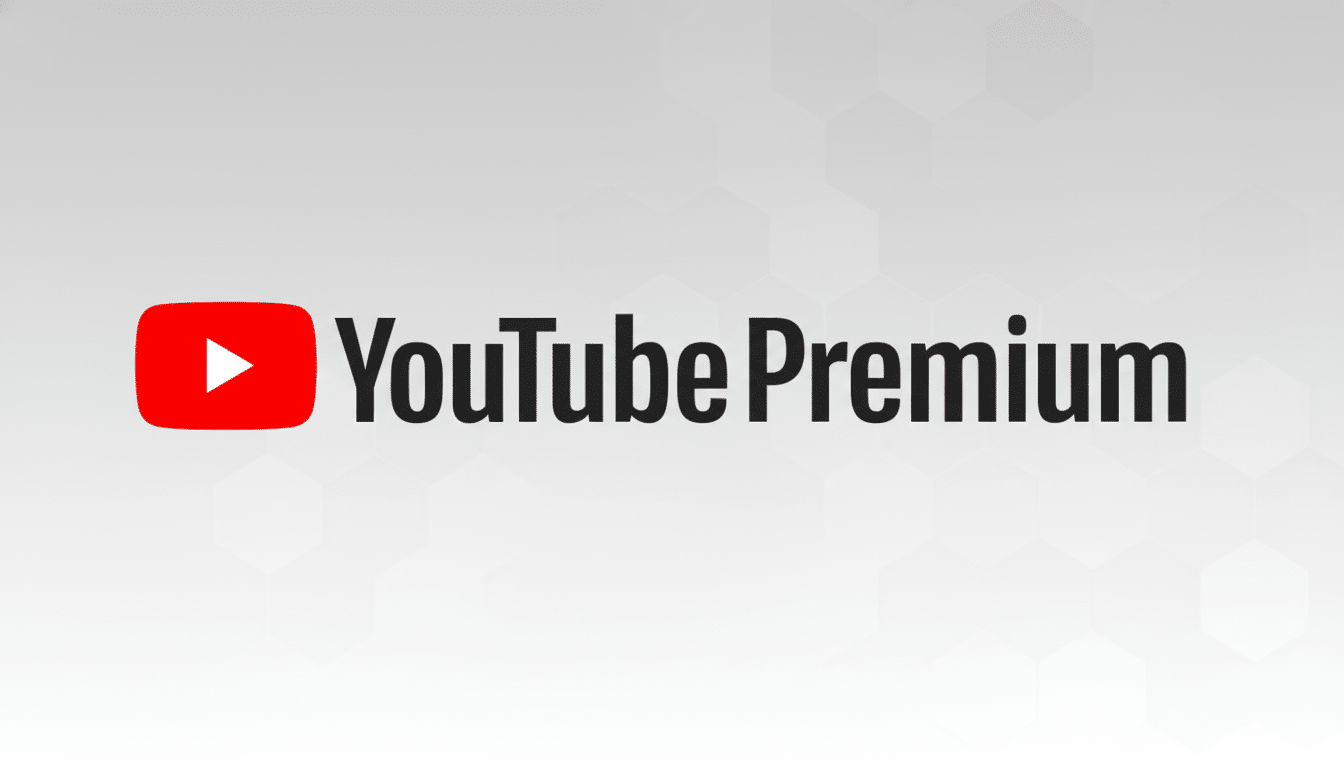 The YouTube Premium logo, featuring the red YouTube play button icon and the words YouTube Premium in black, set against a professional light gray background with a subtle hexagonal pattern.