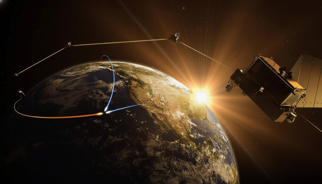 A satellite orbiting Earth with the sun rising over the horizon, casting a bright glow.