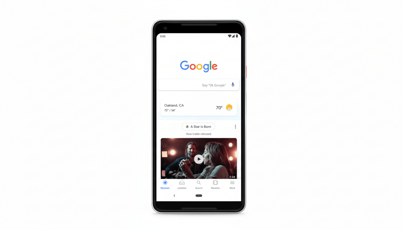 A Google Pixel phone displaying the Google search app with a movie trailer for A Star is Born playing, set against a clean, professional white background.