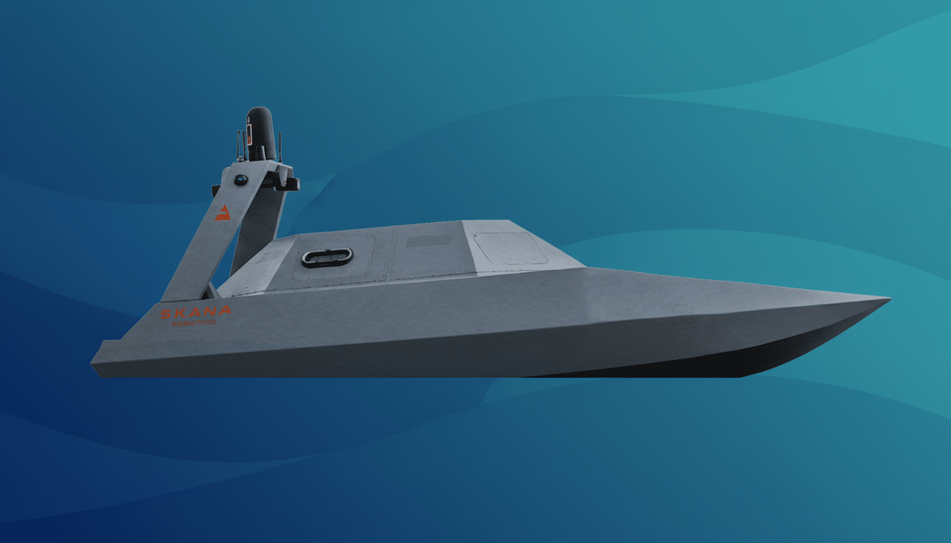 A gray autonomous surface vessel from Skana Robotics on a blue gradient background.