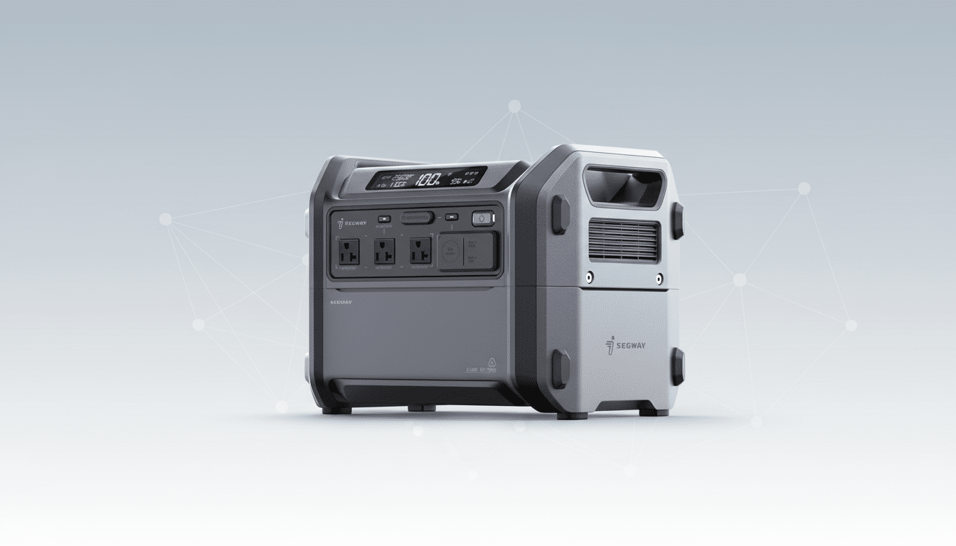 A professional, enhanced image of a Segway Cube BT-1000 portable power station, presented on a clean, light gray background with subtle geometric patterns, resized to a 16:9 aspect ratio.