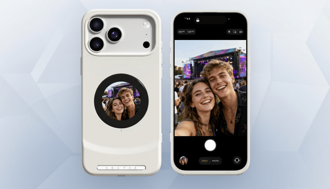 A white iPhone 15 Pro Max with a selfie of a smiling couple on its screen and a smaller version of the same selfie on the back of its case, presented on a professional flat design background with soft patterns and gradients.