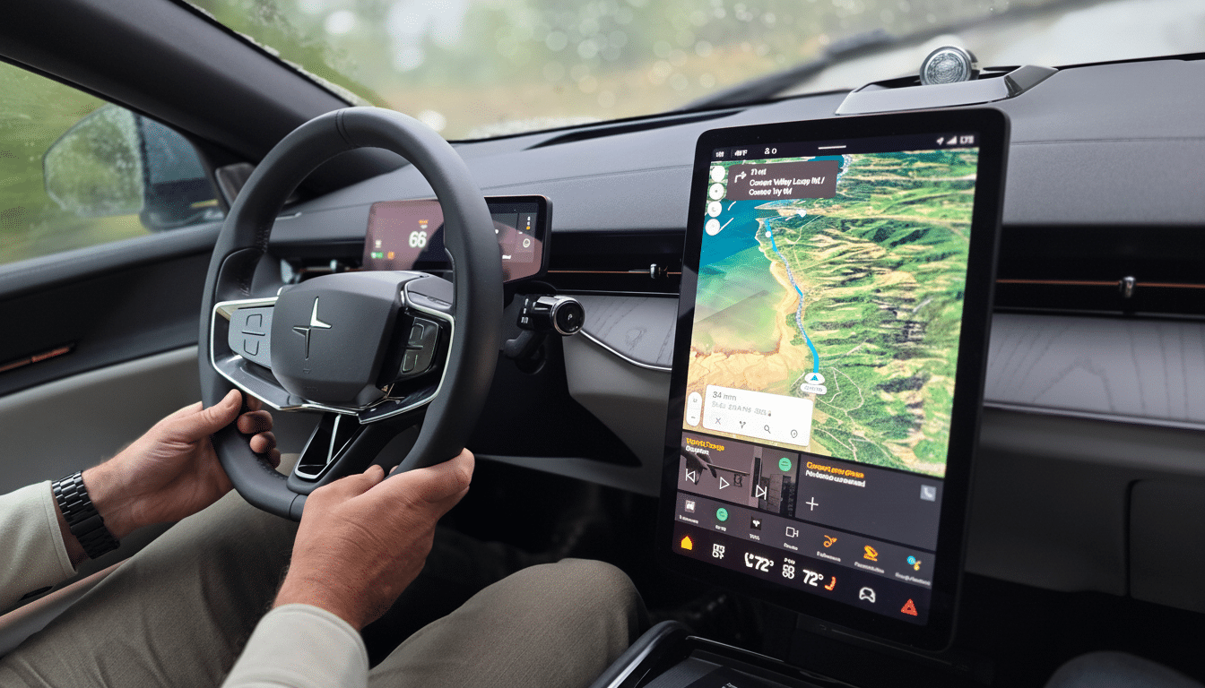 A persons hands on the steering wheel of a car, with a large vertical screen displaying a map and other applications on the right.