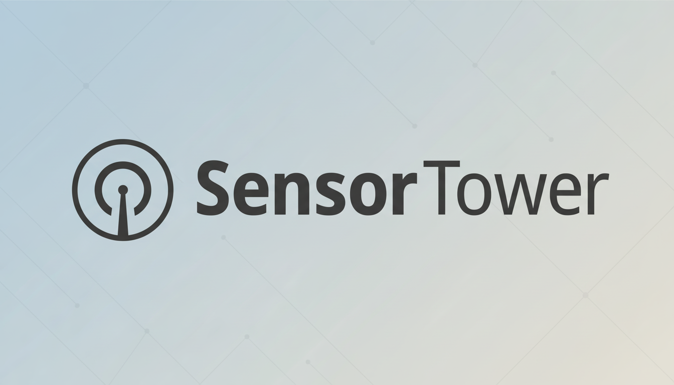 The Sensor Tower logo, featuring a stylized antenna icon within a circle to the left of the text Sensor Tower, presented on a professional flat design background with a soft blue-grey gradient and subtle geometric patterns.