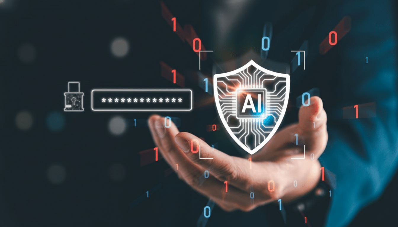 A hand holding a shield icon with AI on it, representing artificial intelligence security, alongside a password field and a lock icon, all surrounded by binary code.