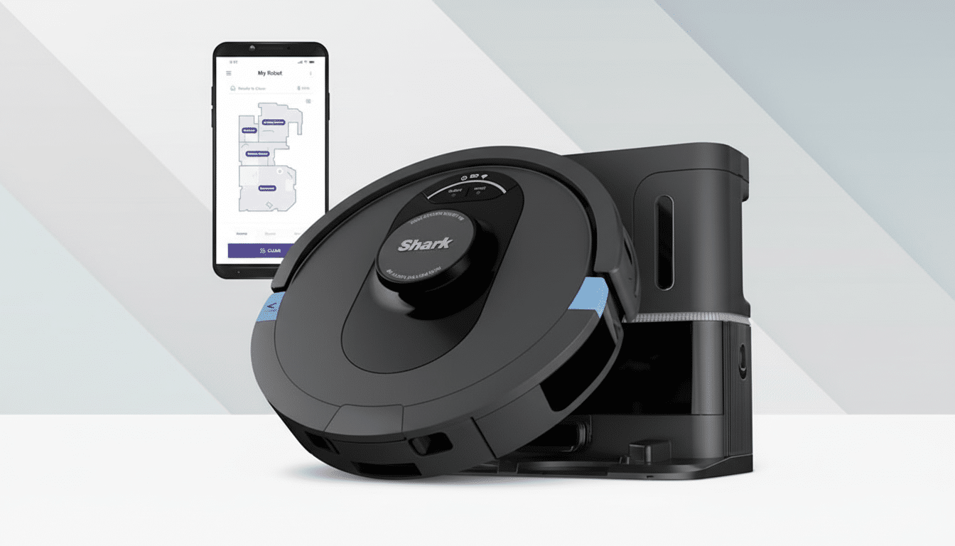 A Shark robot vacuum and its charging dock are displayed alongside a smartphone showing the vacuums control app, all set against a professional flat design background with soft gradients.