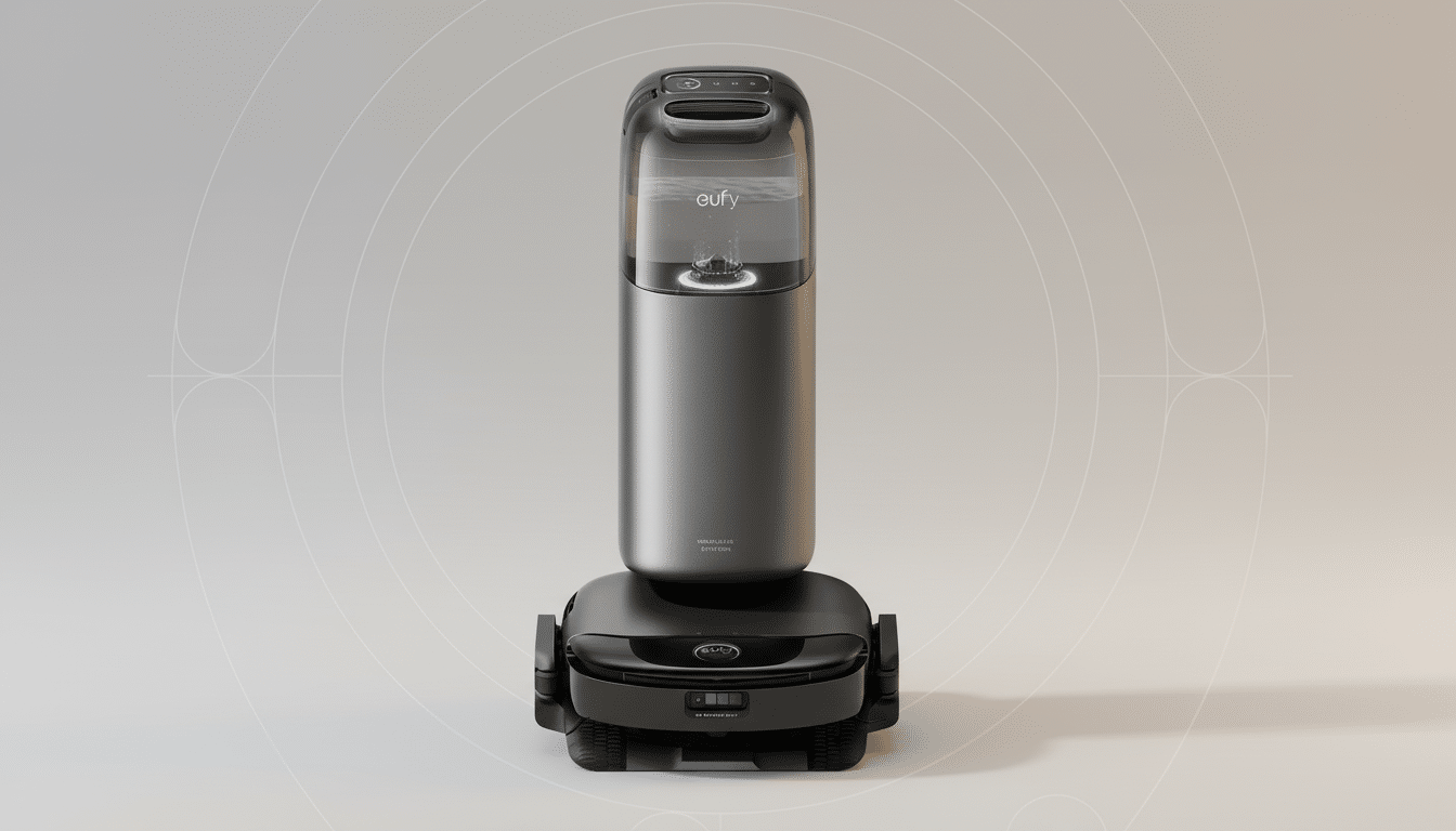 A Eufy robot vacuum with a water tank attachment, presented on a professional flat design background with soft patterns and gradients.