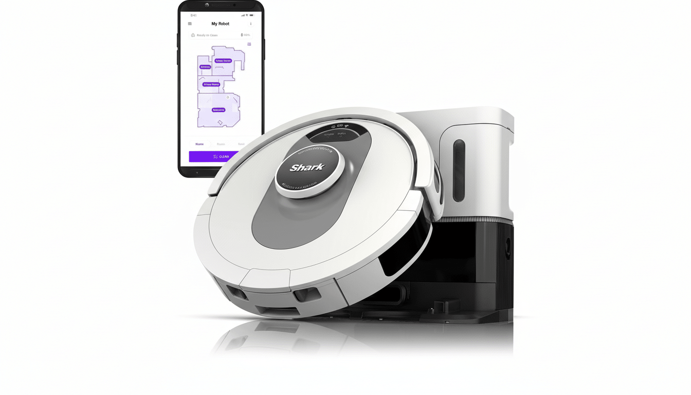 A Shark robot vacuum cleaner and its charging dock are displayed next to a smartphone showing the vacuums app interface with a map of a house.