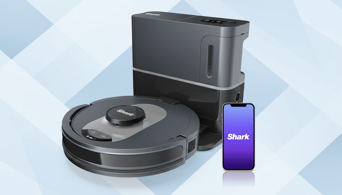 A Shark brand robot vacuum cleaner and its charging/emptying station are displayed alongside a smartphone showing the Shark app, all set against a professional flat design background with soft patterns.