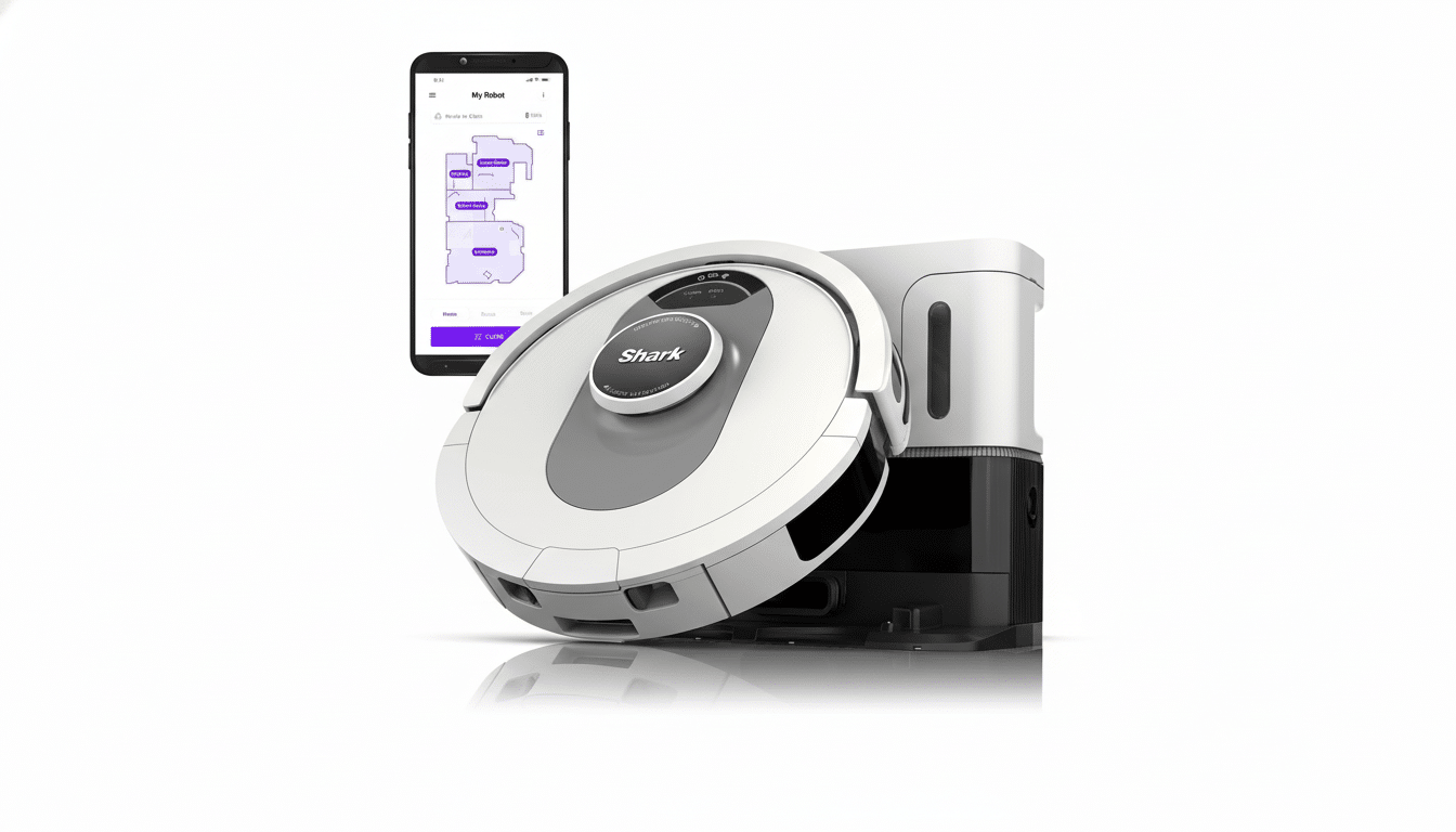 A white and gray Shark robot vacuum cleaner with its base station, and a smartphone displaying the vacuums app interface with a map of rooms.