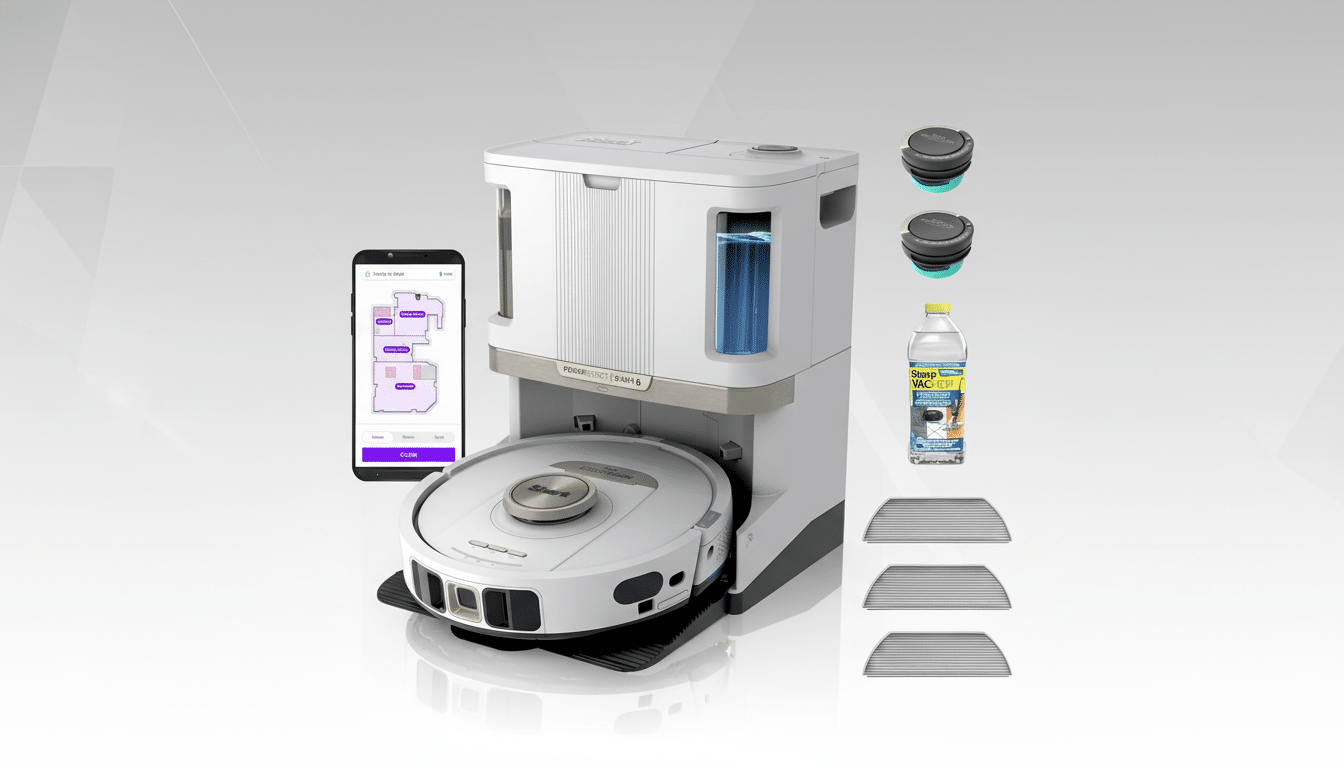 A Shark PowerDetect 2-in-1 robot vacuum and mop system with its charging dock, a smartphone displaying the app interface, two extra brush rolls, a bottle of cleaning solution, and three replacement filters, all presented on a professional flat design background with a soft gradient.