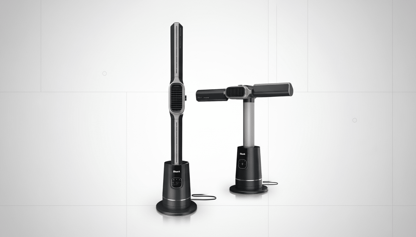 A Shark brand fan in two configurations, one upright and one horizontal, on a professional flat design background with soft patterns.