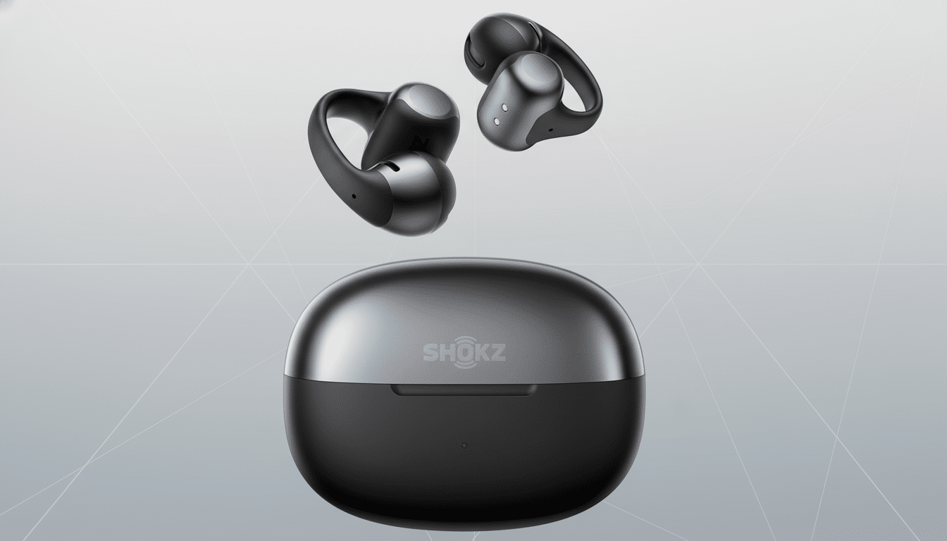A pair of black Shokz earbuds floating above their matching charging case, set against a professional gray background with subtle geometric patterns.