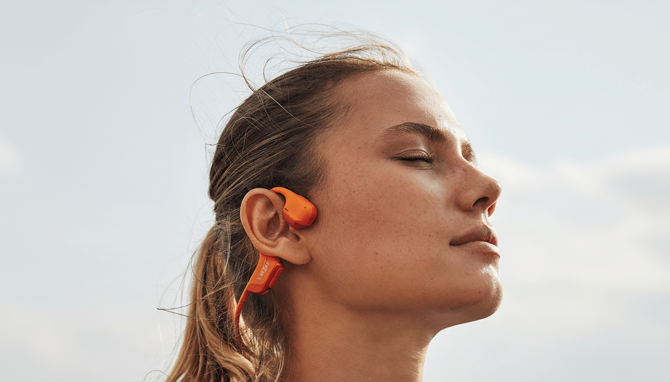 A woman with her eyes closed, wearing orange bone-conduction headphones, with a clear sky in the background.
