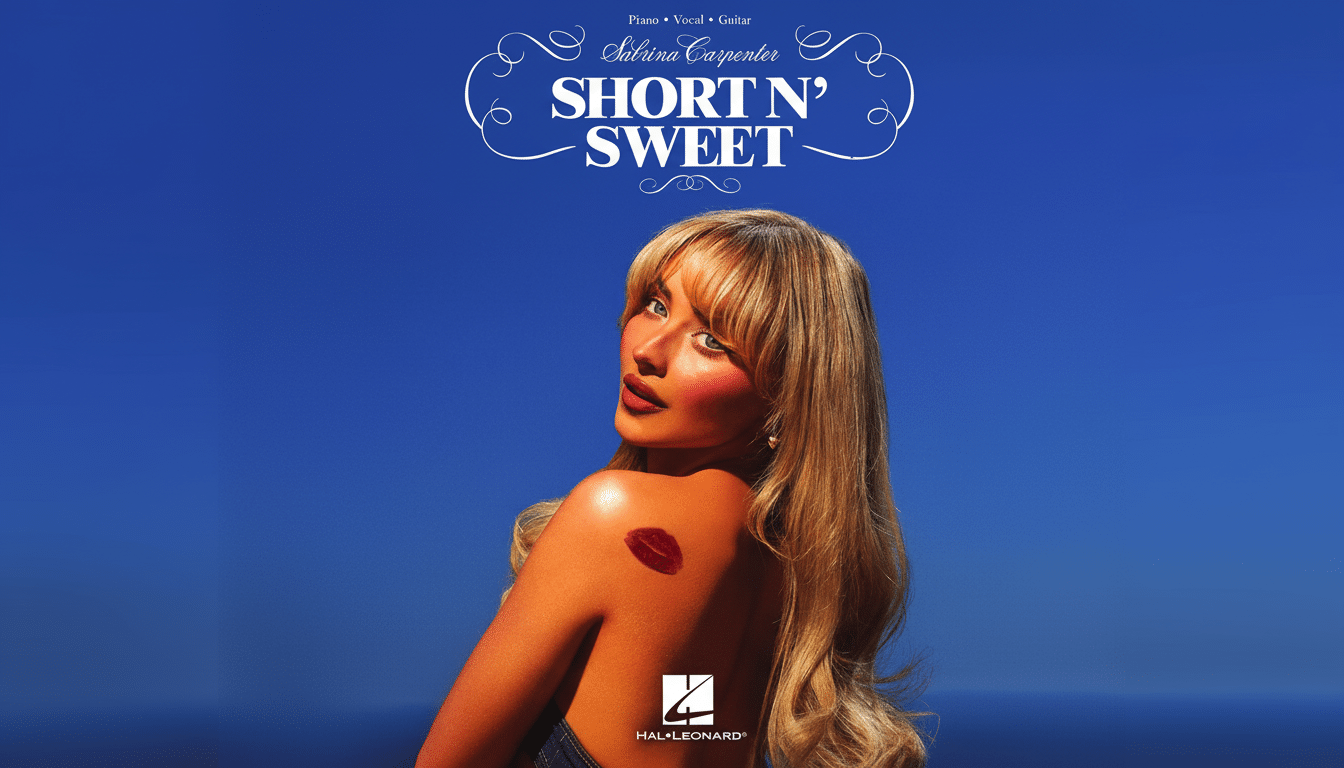 Sabrina Carpenters Short N Sweet album cover, featuring her looking over her shoulder with a red lipstick mark on her back, against a blue sky, resized to a 16:9 aspect ratio.