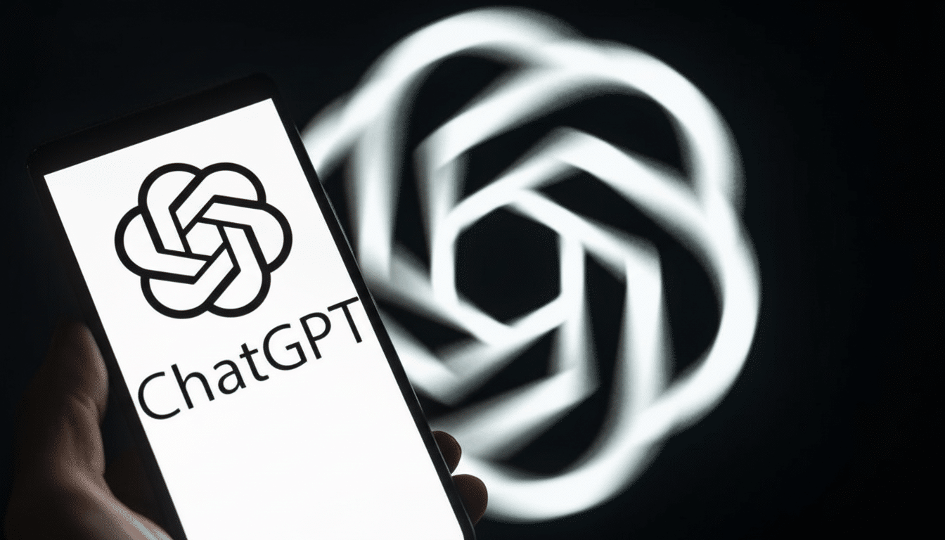 A smartphone displaying the ChatGPT logo and text, held against a blurred background featuring a larger, glowing OpenAI logo.