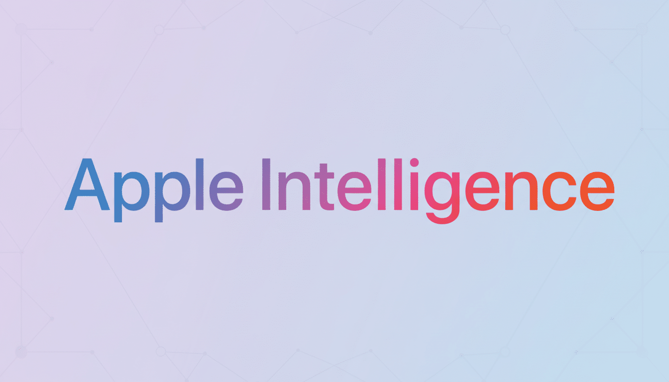 The Apple Intelligence logo in a 16:9 aspect ratio, featuring a gradient of blue, purple, pink, and orange text on a light background with subtle geometric patterns.
