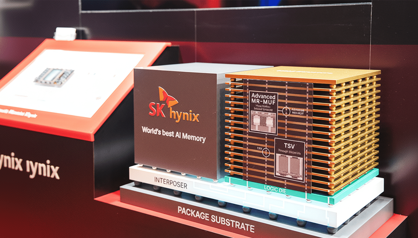 A close-up of an SK hynix Worlds best AI Memory display, showcasing a detailed model of a memory package with components labeled Advanced MR-MUF, TSV Through Silicon Via, Interposer, Logic Die, and Package Substrate.
