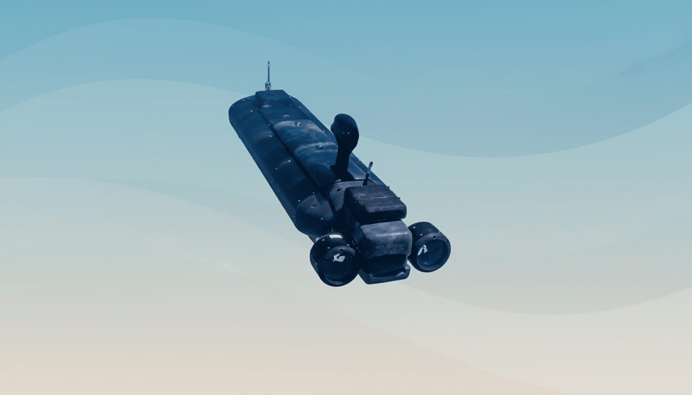 A dark blue underwater drone with thrusters on the back, presented against a professional flat design background with soft blue and beige gradients and subtle wave patterns.