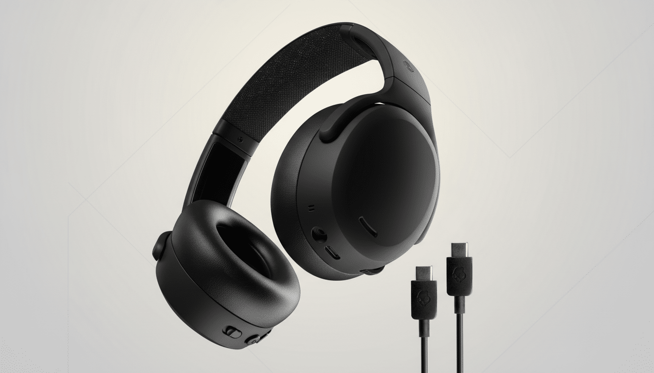 A pair of black over-ear headphones with a textured headband and two black USB-C cables with skull logos on a light grey background with subtle geometric patterns.