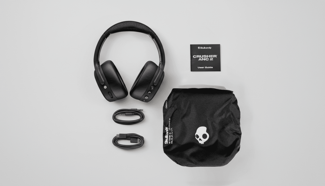 A 16:9 aspect ratio image of Skullcandy Crusher ANC 2 headphones, user guide, charging cables, and carrying pouch, professionally presented on a clean, light gray background.