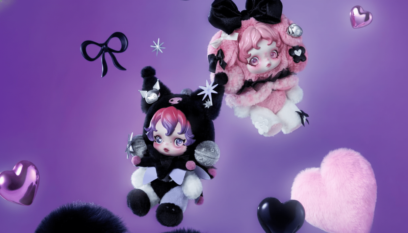 Two plush dolls, one pink and one black, with large heads and small bodies, surrounded by various heart-shaped and star-shaped decorations on a purple background.