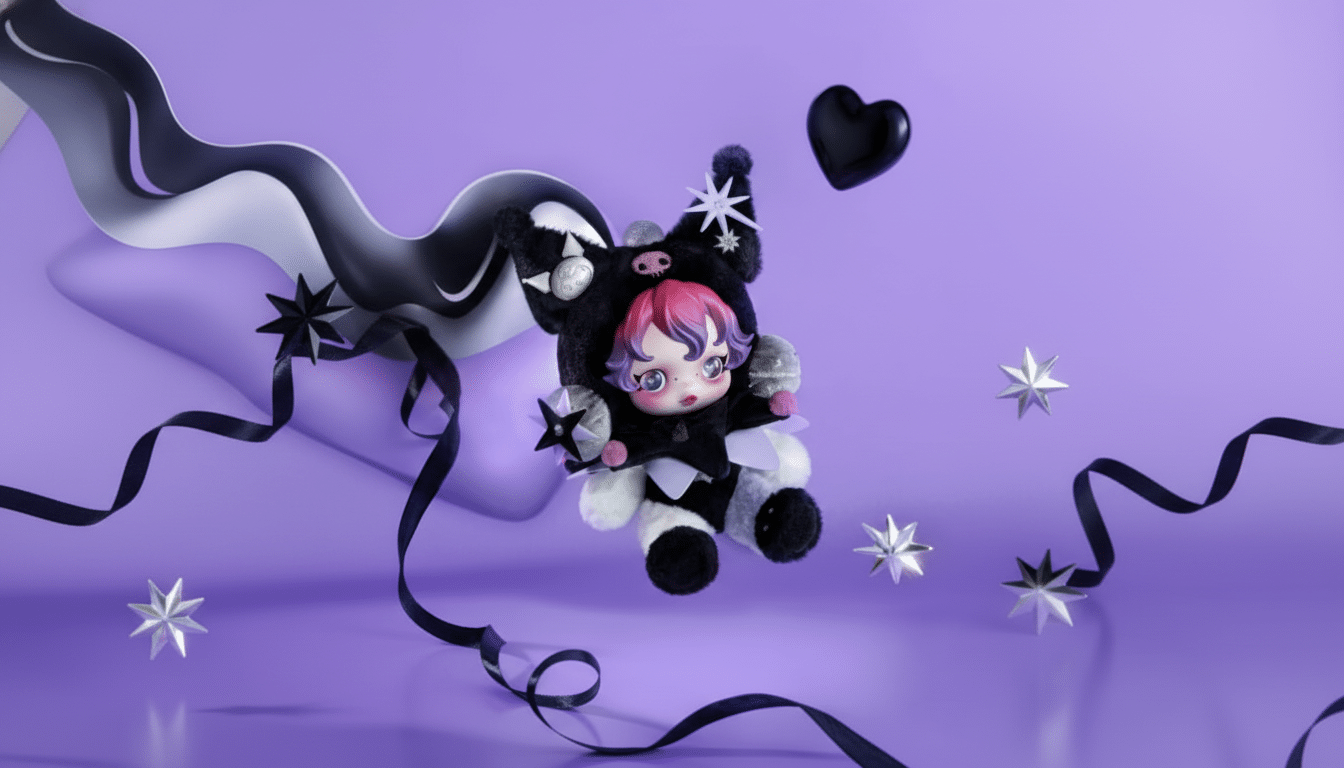 A doll with pink and purple hair, wearing a black and white plush outfit with star accents, floating against a purple background with a black heart, ribbons, and star decorations.
