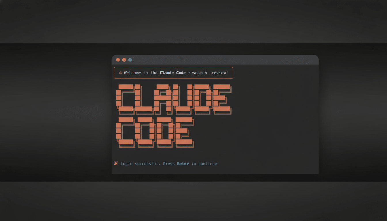 A professional, enhanced image of the Claude Code research preview interface, resized to a 16:9 aspect ratio. The interface shows Welcome to the Claude Code research preview! and Login successful. Press Enter to continue with CLAUDE CODE in a blocky, orange font. The background is a professional flat design with a soft gradient, maintaining the original interface without reflection effects.