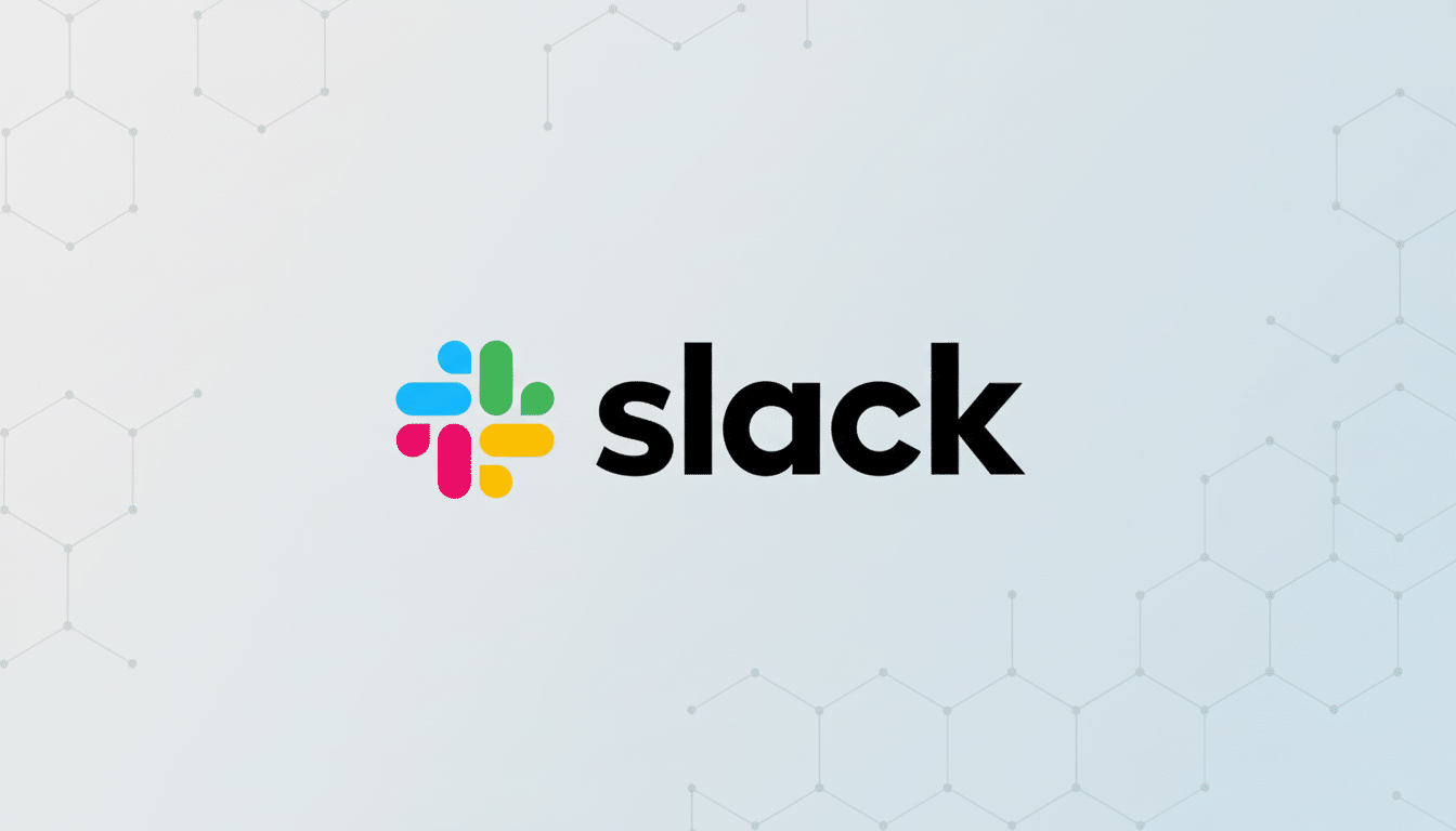 The Slack logo, featuring a colorful, abstract knot-like icon to the left of the black slack wordmark, presented on a professional light gray background with subtle hexagonal patterns.
