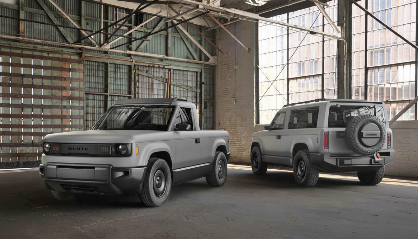 Two gray electric vehicles, a pickup truck and an SUV, are parked inside a large industrial building with high ceilings and large windows.