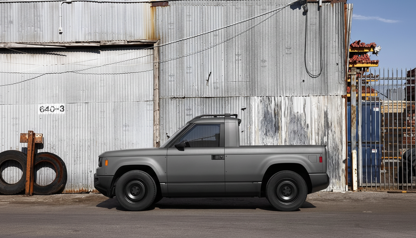 A gray electric pickup truck is parked in front of a corrugated metal building.