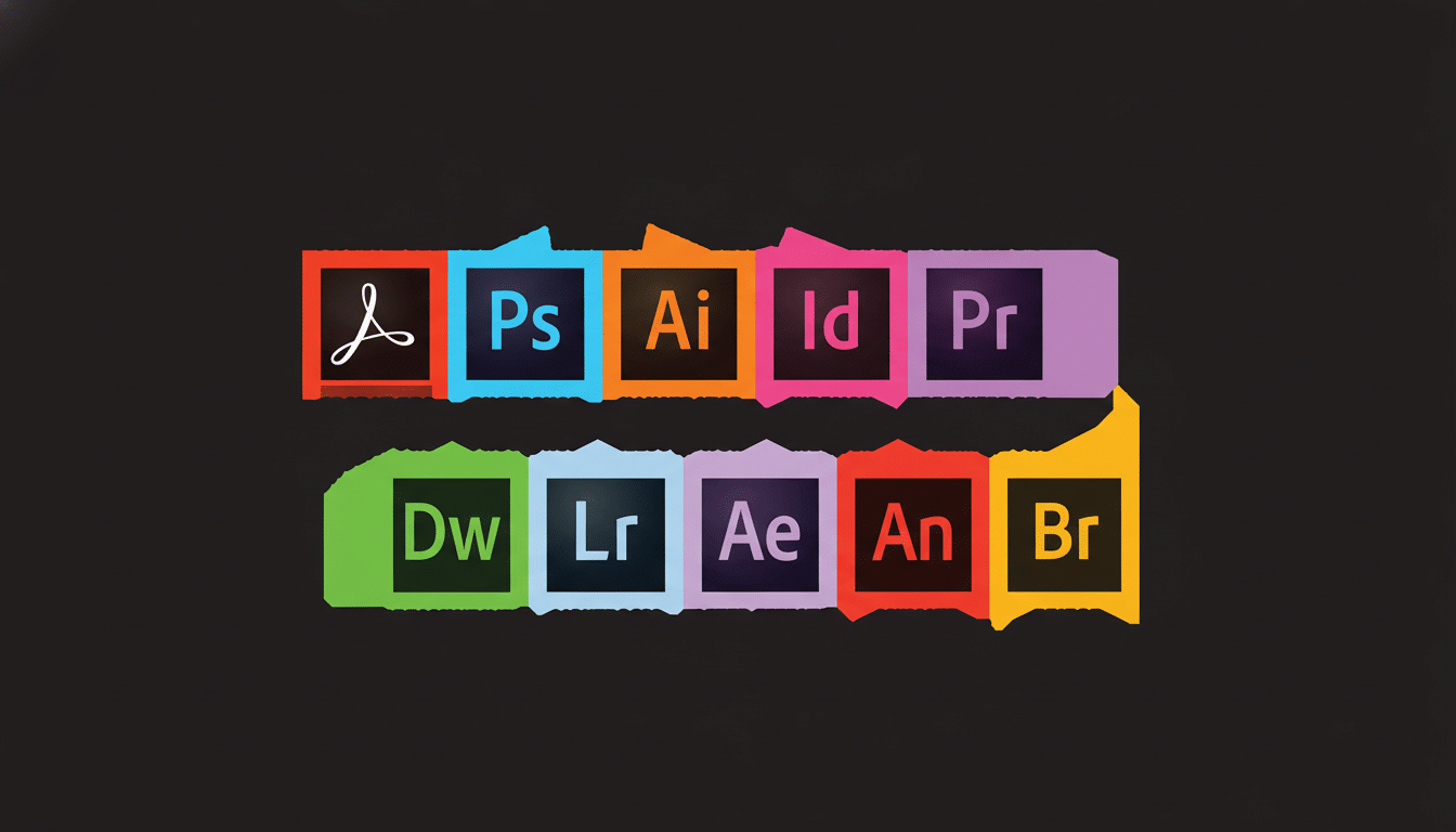 A professionally enhanced image of Adobe Creative Cloud application icons, resized to a 16:9 aspect ratio, presented on a clean, dark background.