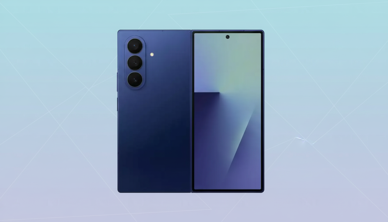 A blue foldable smartphone is displayed against a professional flat design background with soft patterns and gradients. The phone is shown partially folded, revealing its camera array on the left and a portion of its screen on the right.